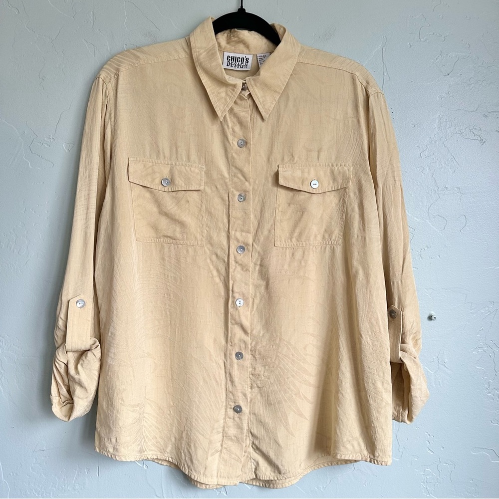 Vintage Chico's Design 100% Silk Yellow Tropical Leaf Button-Down Shirt Size L